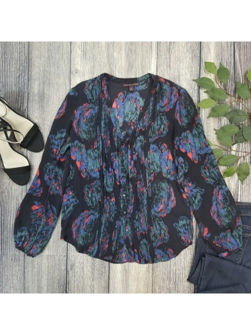 Marchesa Voyage Feather Silk Button Down Blouse